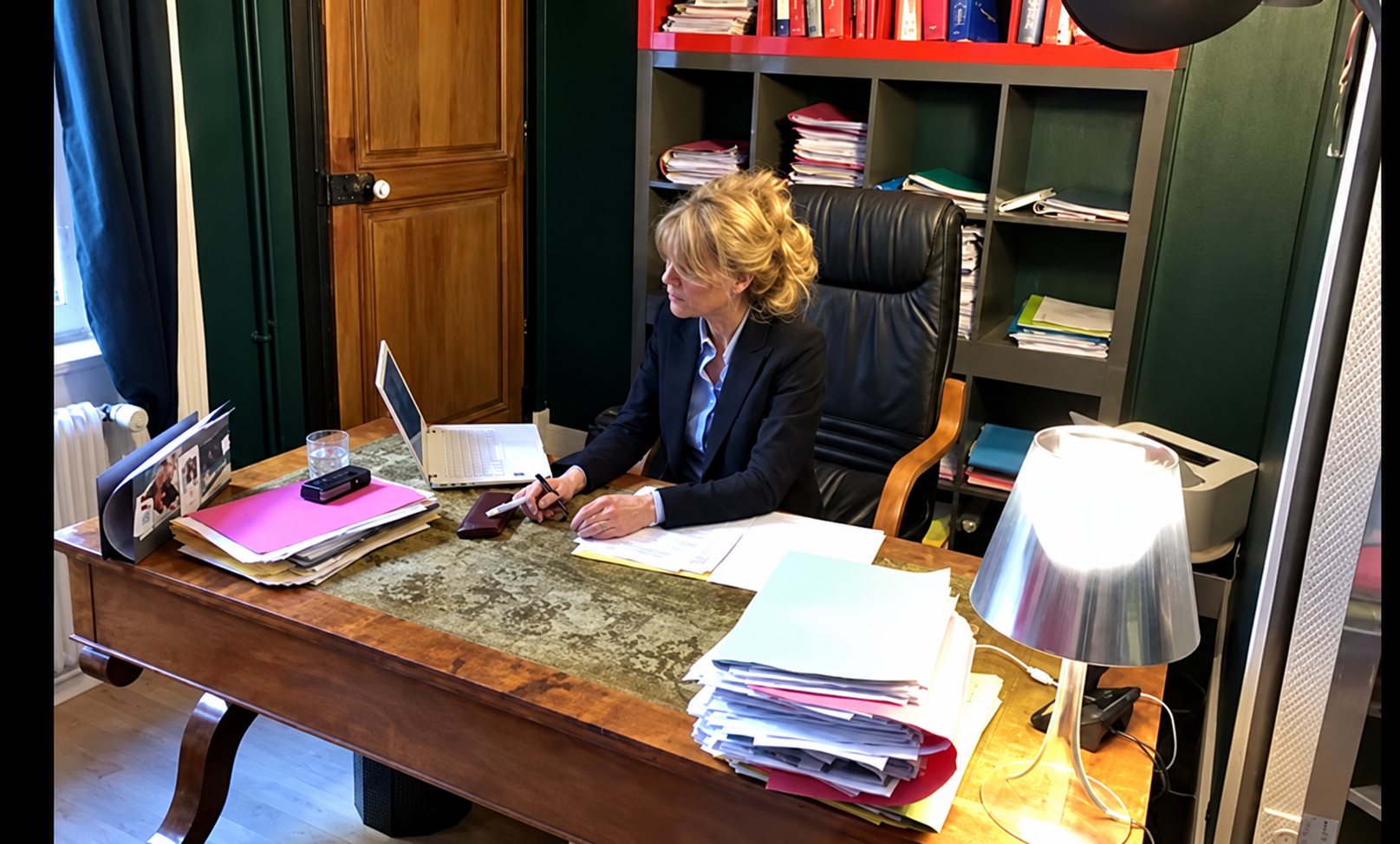 Une femme blonde en veste sombre est assise à un grand bureau en bois couvert de dossiers, devant un ordinateur portable et une bibliothèque rouge.